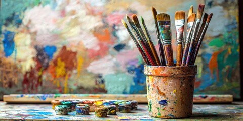 Fototapeta premium Studio setup of working adult painter