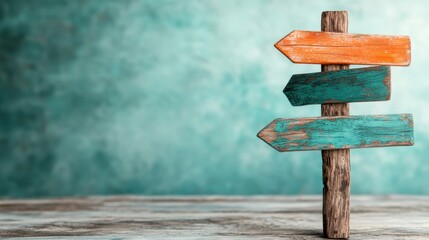 This vibrant wooden signpost features three arrows painted orange, green, and aqua, symbolizing choices and direction against a blurred turquoise backdrop.