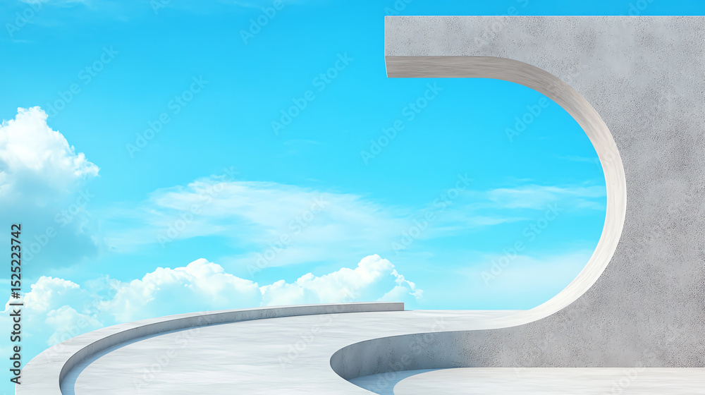 Poster A minimalist architectural structure with smooth curves against a bright blue sky, emphasizing modern design and tranquility.