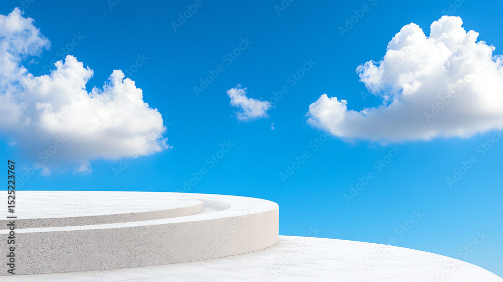 Poster A minimalist architecture scene featuring a smooth white structure under a bright blue sky with fluffy clouds.