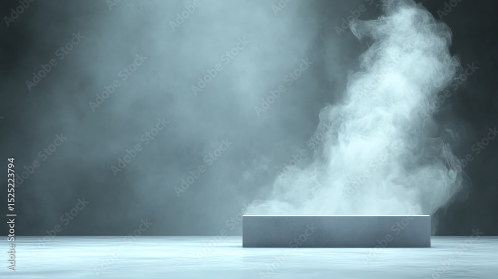 Poster A minimalistic scene featuring a raised platform surrounded by swirling mist, creating an ethereal and atmospheric effect.