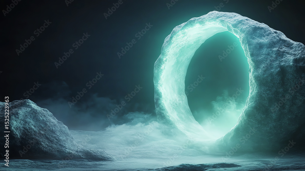 Poster a mysterious glowing portal emerges from a foggy landscape, inviting exploration and discovery in a 