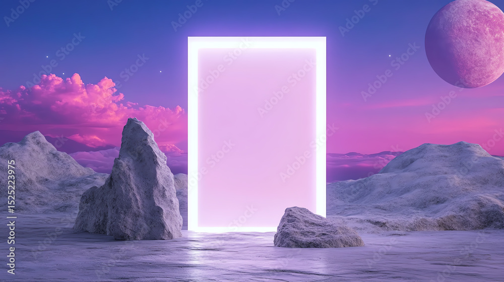Poster a mystical landscape featuring a glowing portal surrounded by surreal rocks under a colorful sky, ev