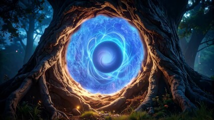 Mystical tree with glowing portal in trunk opening, fantasy forest scene with cosmic energy and intertwined roots, twilight setting. - Powered by Adobe