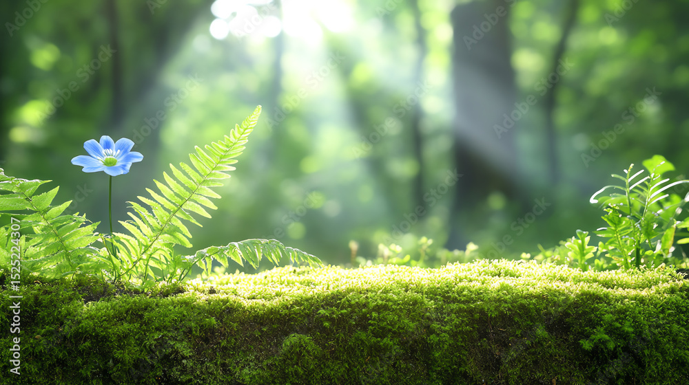 Poster a serene forest scene with lush green ferns and a delicate blue flower under soft, dappled sunlight 