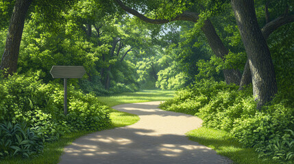 Naklejka premium A serene forest pathway surrounded by lush greenery, inviting peaceful walks and nature exploration.