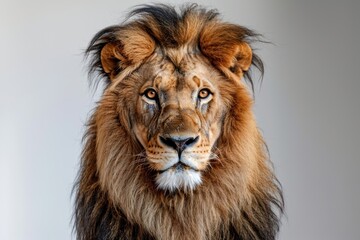 Fototapeta premium A lion with a piercing gaze and flowing mane, highlighted by dramatic chiaroscuro lighting against a white background.