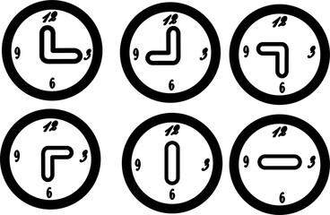 Vector clocks collection – six time variations on clock faces, isolation background