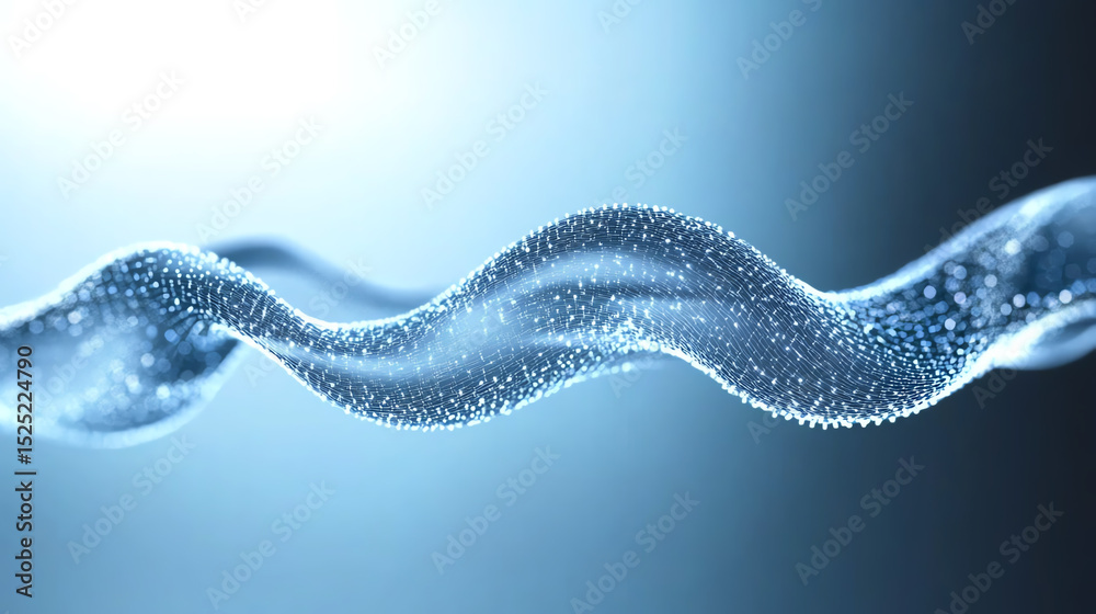 Poster a sleek, abstract wave of smooth particles, symbolizing fluidity and advancement in modern technolog