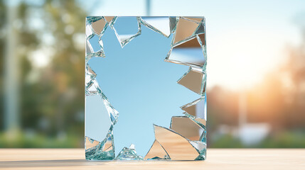 A shattered mirror reflects sunlight, symbolizing broken dreams and new beginnings amidst a serene outdoor backdrop.