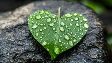A heart-shaped leaf with dew drops on it resting on a smooth rock surface