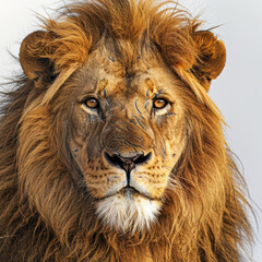 Naklejka premium A lion with a piercing gaze and flowing mane, highlighted by dramatic chiaroscuro lighting against a white background.