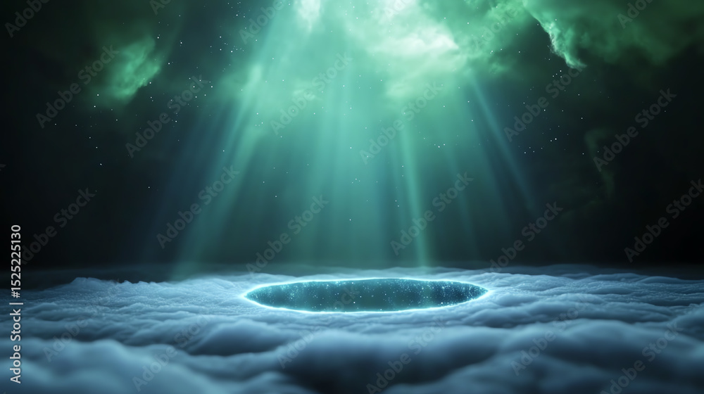 Poster A stunning surreal scene showcasing light beams piercing through clouds, creating an ethereal atmosphere of tranquility and wonder.