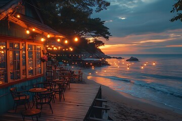 Obraz premium Waterfront café illuminated by string lights high resolution picture