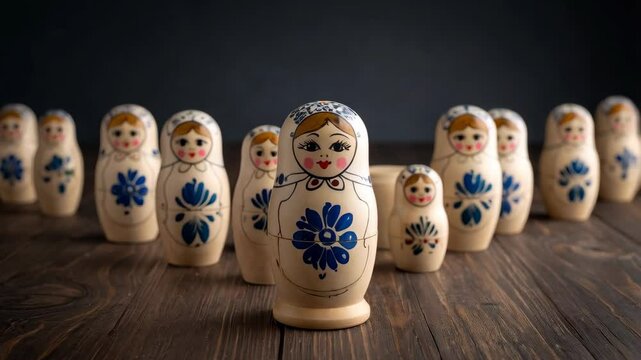 Group of wooden nesting dolls with floral designs arranged on a dark wooden surface, creating a traditional folk art display.