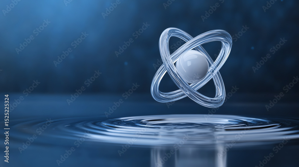 Poster a stunning visualization of atomic structure, showcasing a clear atom model with rippling water effe