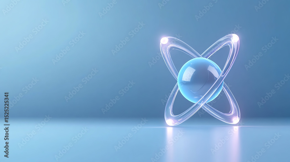 Poster a stylized representation of an atom with glowing particles against a soft blue background, symboliz
