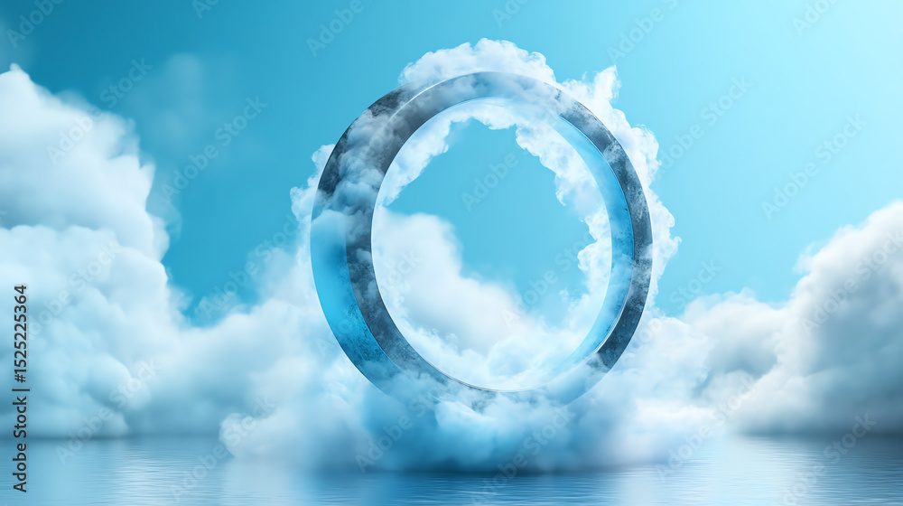 Poster a surreal cloud formation encapsulating a glossy, circular structure, set against a serene blue sky.