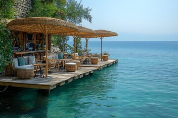 Waterfront caf&eacute; with woven parasol shades high resolution picture