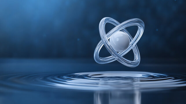 A stunning visualization of atomic structure, showcasing a clear atom model with rippling water effects beneath it.