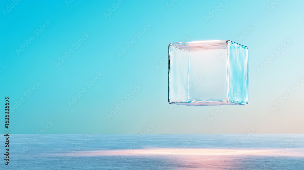 Aufkleber A translucent cube floats against a serene gradient background, symbolizing innovation and creativity in design and technology.