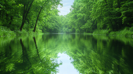 Obraz premium A tranquil river surrounded by lush green trees, reflecting nature's beauty and serenity in a peaceful landscape.