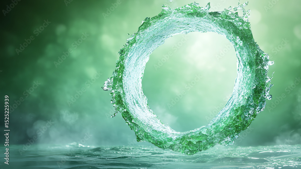 Poster a vibrant green water splash forms a circular shape against a soft dreamy background, representing p