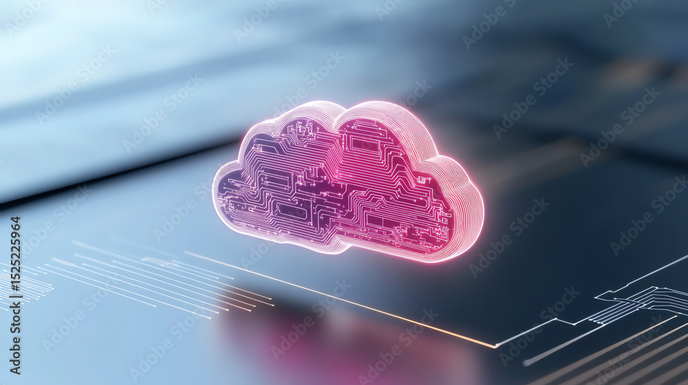 Poster A vibrant pink cloud symbolizing digital innovation and connectivity in the tech world, ideal for illustrating cloud computing concepts.