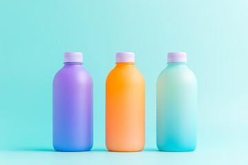 Three colorful gradient bottles in orange, turquoise, and purple stand against a light blue background.