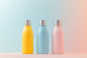 Three pastel-colored bottles in mint, yellow, and pink stand in soft gradient light.