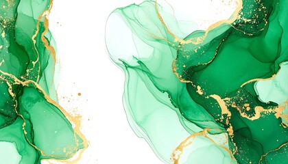 Emerald Gold Abstract Ink Art.