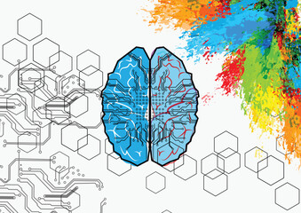 abstract vector brain left and right with circuit and splash color for human concept. Creative and logic for brain concept background. illustration vector design