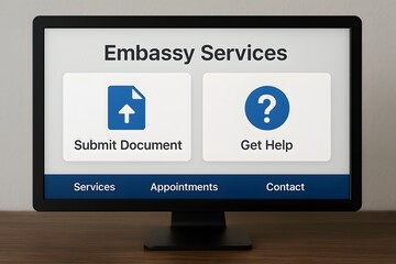 Computer monitor displays embassy services platform with submit document and get help buttons. Concept of digital consular assistance and efficient public service.