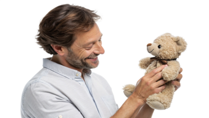 Hyper-realistic image of a father holding a small teddy bear gift in both hands, soft smile, isolated on transparent background