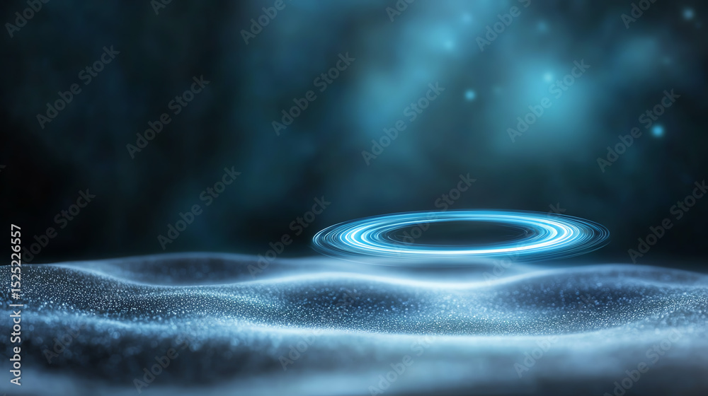 Poster abstract representation of waves, featuring glowing rings that create a serene and mysterious atmosp