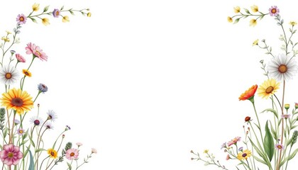 Obraz premium Hand-drawn wildflowers, rustic floral border, wedding invitation template, romantic, petals