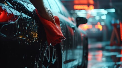 Obraz premium A man cleaning car with microfiber cloth. Car wash background.