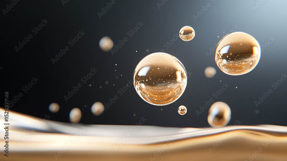 Poster close-up of floating bubbles in liquid, showcasing their round shapes and glistening surfaces agains