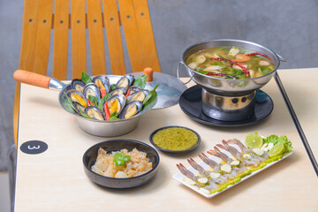 Thai favorite food on white table. Food for dinner.