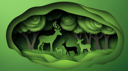 Obraz premium Serene forest scene, paper cut style, featuring deer and a rabbit family