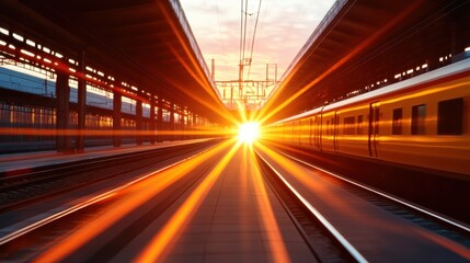 The sun rises dramatically at a train station, casting beams of light through the tracks, creating a breathtaking visual that symbolizes new beginnings and adventures.