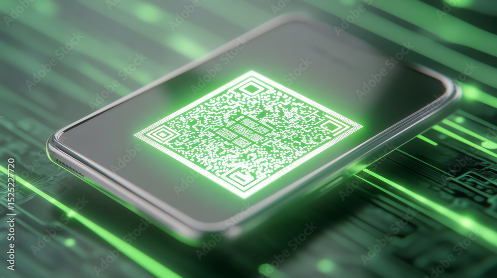 Aufkleber futuristic smartphone displaying a glowing qr code amidst digital patterns, symbolizing connectivity