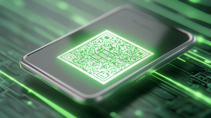 Futuristic smartphone displaying a glowing QR code amidst digital patterns, symbolizing connectivity and innovation.
