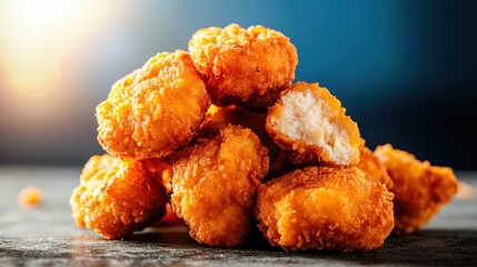 A tempting display of golden crispy chicken nuggets against a blurred background, capturing textures and appetizing details, ideal for food photography and fast-food concepts.