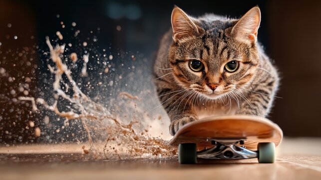A fun and dynamic image of a tabby cat skillfully riding a skateboard, showcasing the playful nature of pets and their ability to engage with unique activities.