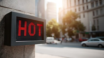 Digital display shows the word 'HOT' in red letters. Urban setting with buildings and trees in the background. Bright sunlight indicates summer heat.