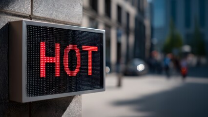 A digital sign displays the word 'HOT' in bright red letters. The scene is set in a bustling city during summer, indicating extreme heat and a warning for pedestrians.