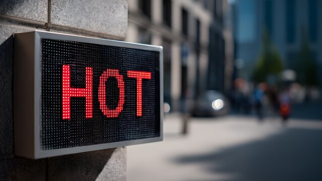 A digital sign displays the word 'HOT' in bright red letters. The scene is set in a bustling city during summer, indicating extreme heat and a warning for pedestrians.