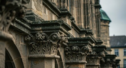 Fototapeta premium Close up of stone columns with intricate carvings on an ancient European church building facade. Historical architecture details for education.