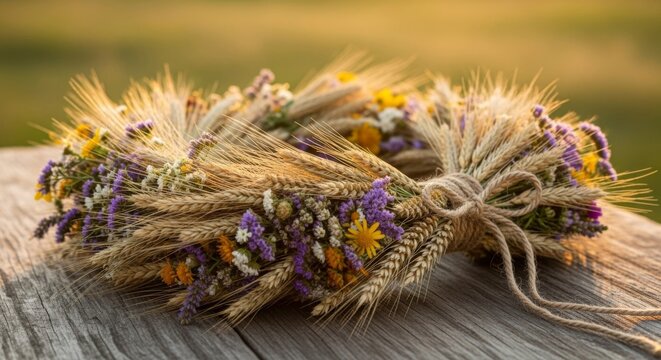 Traditional Lughnasa harvest wreath made of wheat and wildflowers on rustic wooden table at sunset